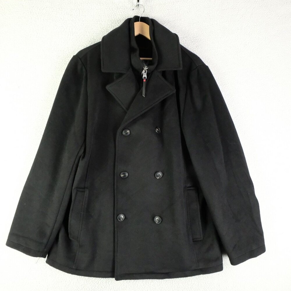 Robert Graham Pea Coat Mens Large Black Wool Double Breasted Zip Heavy Winter